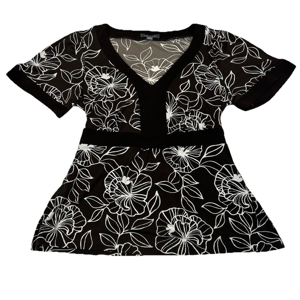 APT 9 Baby Doll Top Women's M Brown & White Floral Tropical V-Neck Peplum Blouse